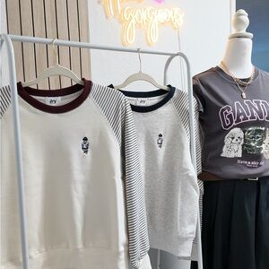 Striped Sleeve Sweatshirt - Cream and Gray